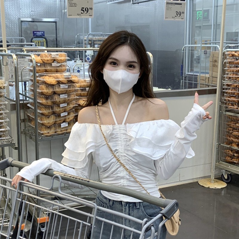 Áo sơ mi SUXI tay dài phồng trễ vai dáng ôm thời trang mùa xuân xinh xắn cho nữ