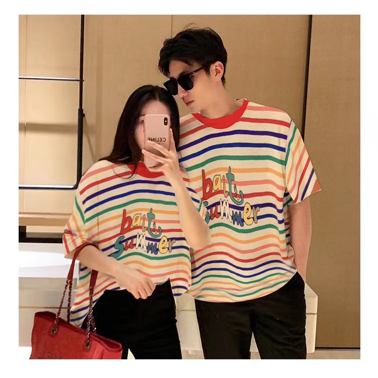 Áo Thun Gia Đình Kẻ Sọc Cầu Vồng In Chữ Phong Cách Mới Mùa Hè 2023