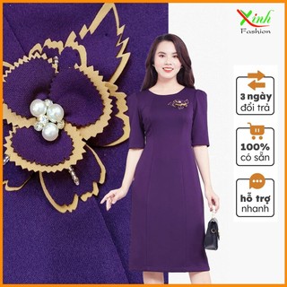 Đầm Suông Tím Huế Tay Lỡ Kết Hoa Thủ Công DL857