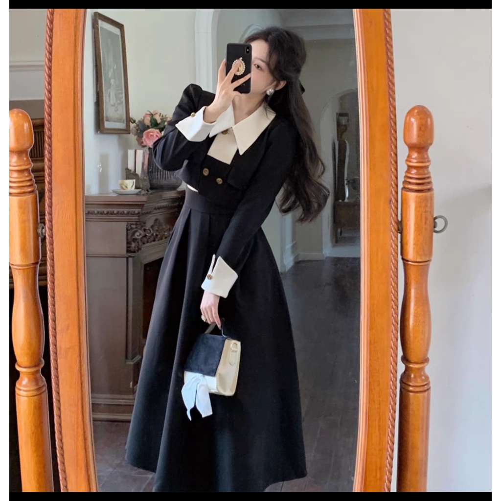 Sét Váy Áo Cổ Bèo Trắng Chất Umi Hàn, Áo Dáng Ngắn, Chân Váy Cạp Cao Sang Chảnh_Nhận Hạ_Dress