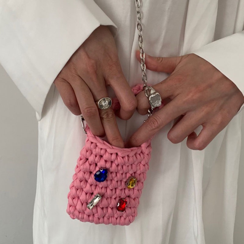 MISCHA Túi Đeo Chéo mini Màu Trơn Đính Đá Thời Trang Hàn Quốc