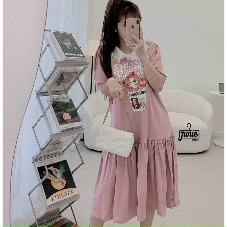 Váy Bầu chất cotton cổ ren - dáng đuôi cá,dài☘️hình gấu in siêu xinh☘️ảnh cận chất☘️phù hợp mặc đi làm,đi chơi☘️freesize