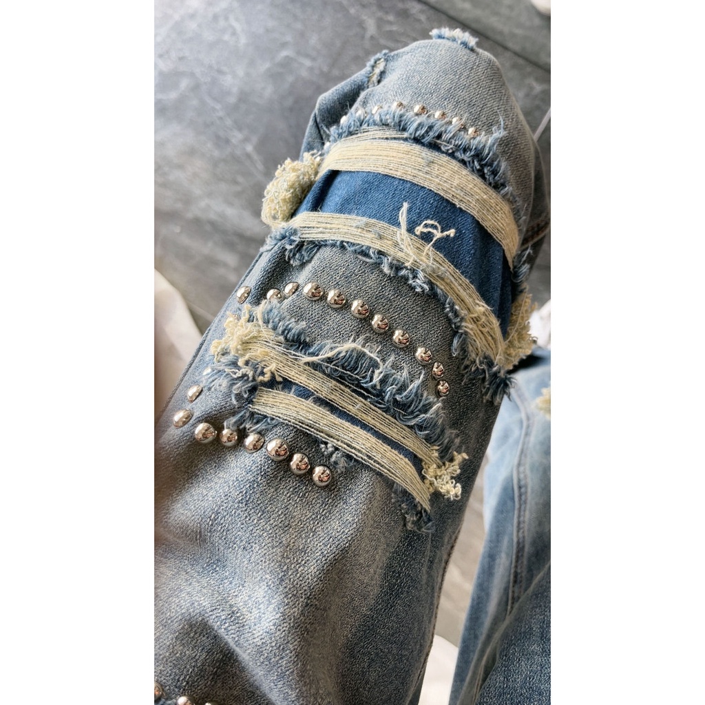Quần Jean Rách Đính Hạt Giả Nhỏ Phong Cách Mới 2023 Dễ Phối Đồ Cho Nữ