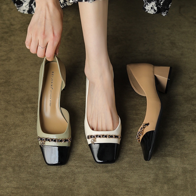 BEIJIANI Giày Cao Gót 4.5cm Mũi Vuông Miệng Nông Đính Dây Xích Màu Sắc Xinh Xắn Cho Nữ