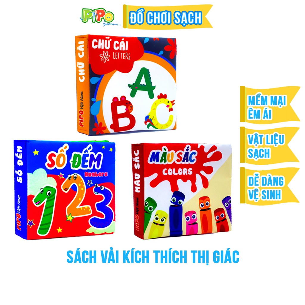 Sách vải cho bé pipovietnam -Dùng cho trẻ sơ sinh -Bộ 3 sách kích thích thị giác chủ đề Số đếm, Chữ cái, Màu sắc