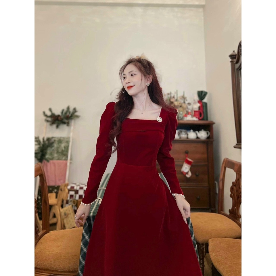 Đầm nhung cứng cổ vuông đính đá tay dài - váy thu đông đi tiệc màu đỏ dáng dài qua gối phong cách cổ điển