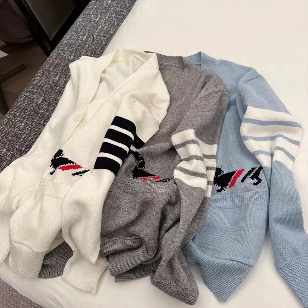 Thom Browne Spring New Age-reducing college style four-bar striped puppy Jacquard knitted cardigan women's casual loose sweater coat