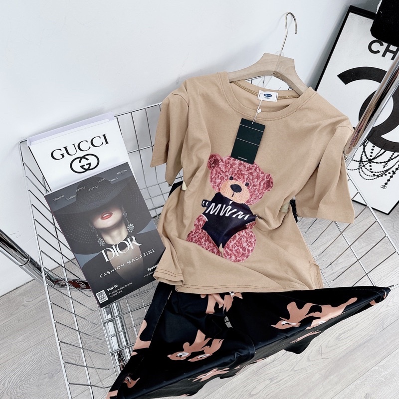 Set áo phông nâu mix quần suông gấu nâu siêu xinh Áo cotton khô QC l1 dày đẹp, hình ép 5D nét căng, xẻ gấu chuẩn mẫu