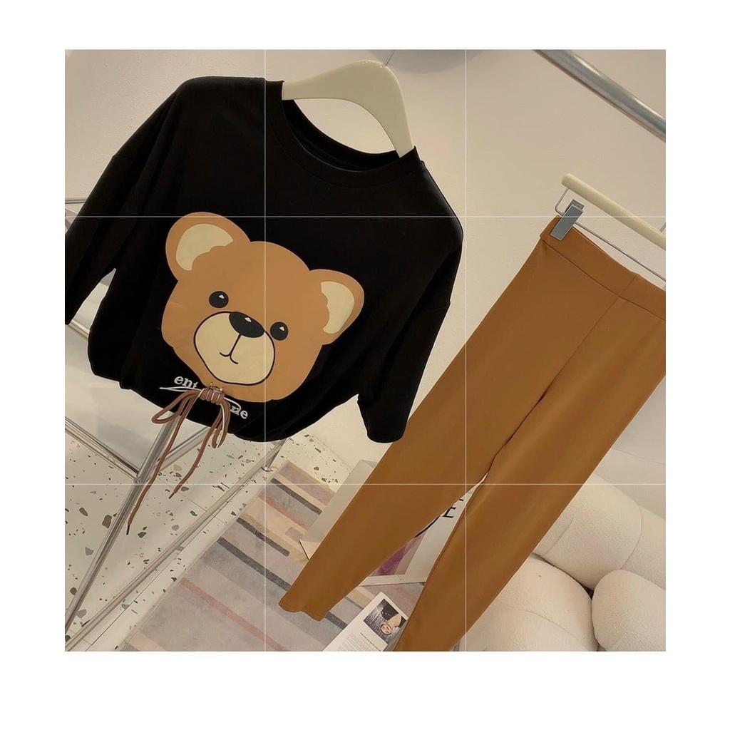 [3.3 Sales Freeship] Set bộ áo thun in gấu nâu dễ thương phối quần dài ôm bó, set bộ thun quần dài in hình gấu cute