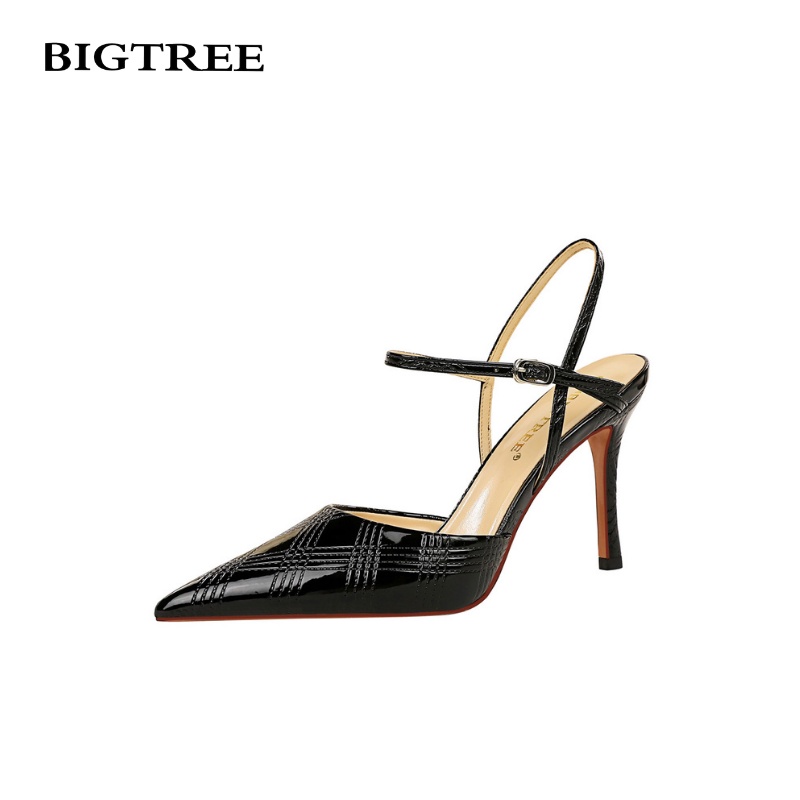 BIGTREE Giày Sandal Cao Gót 9.5cm Mũi Nhọn Dây Da Bóng Thêu Họa Tiết Thời Trang Cho Nữ