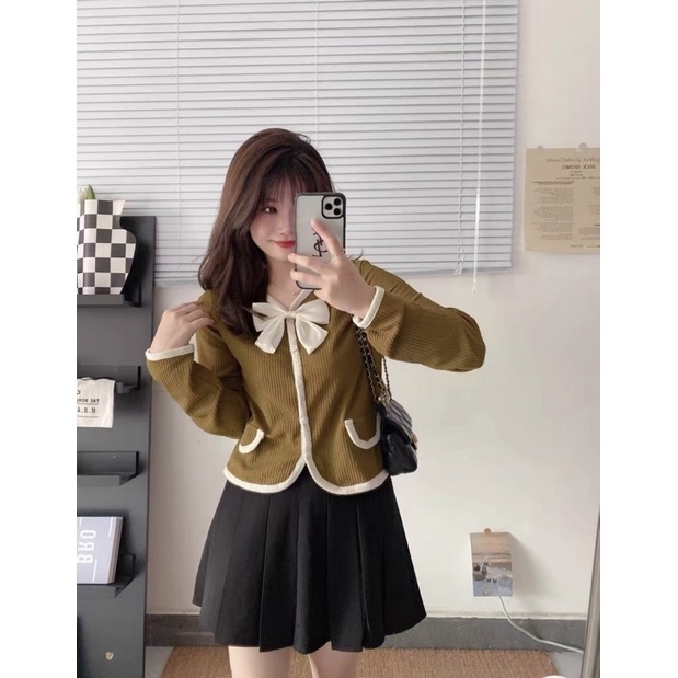 Áo kiểu nữ tay dài kèm nơ hàng Quảng Châu xốp tăm, áo khoác mùa đông nữ thời trang Hàn Quốc giả túi dài tay 89701 5