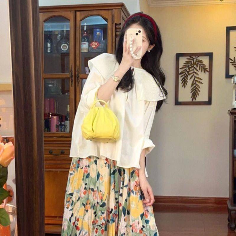 Set Áo Sơ Mi Cổ Bẻ + Chân Váy Hoa Lưng Cao Phong Cách Retro Pháp Mới