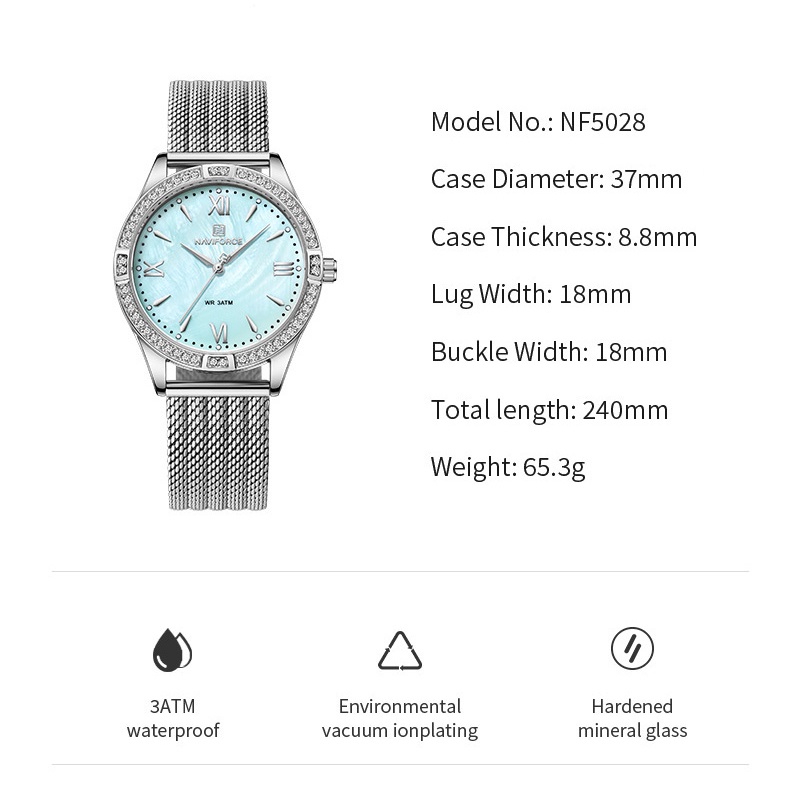 Đồng Hồ Analog Máy Quartz NAVIFORCE 5028 Dây Lưới Siêu Mỏng Chống Thấm Nước Kiểu Dáng Sang Trọng Dành Cho Nữ