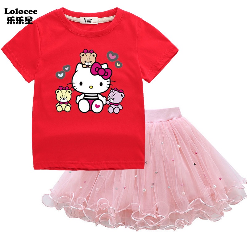 Set Áo Thun In Hình Hello Kitty Và Chân Váy Xòe Đáng Yêu Dành Cho Bé Gái