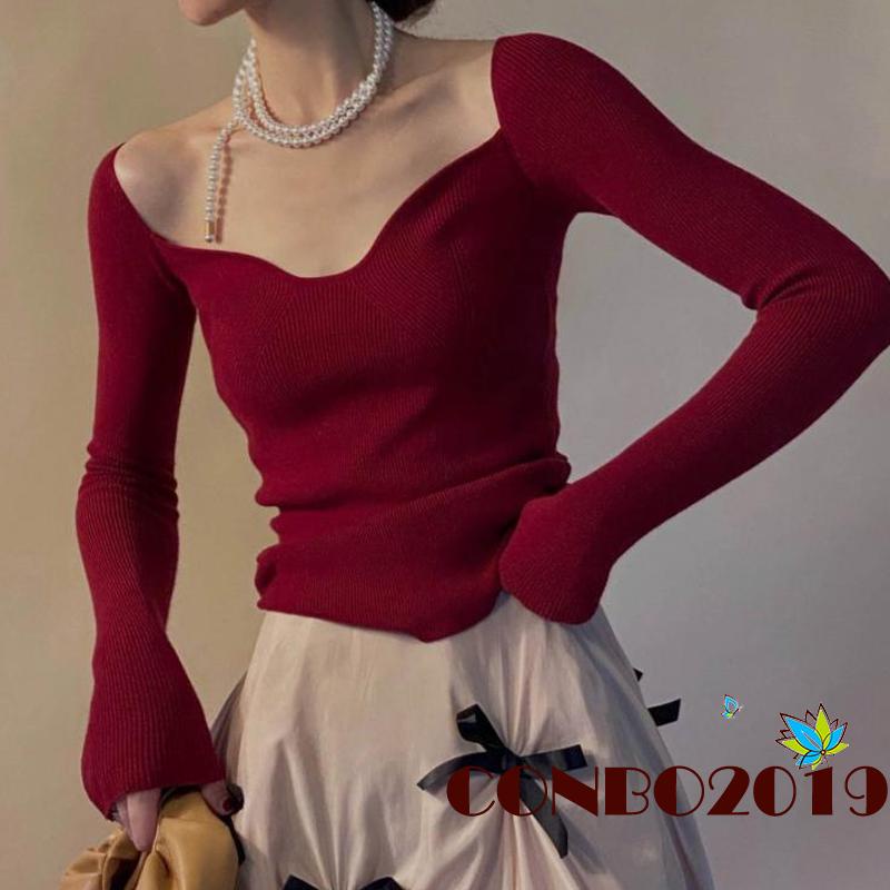 Áo Croptop Dệt Kim Tay Dài Màu Sắc Đơn Giản Cho Nữ