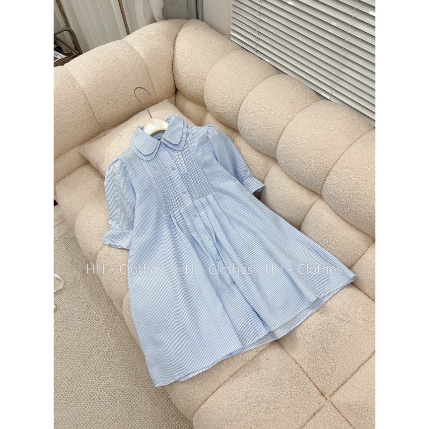 Váy babydoll cổ sen tay bồng chất đũi xốp xanh, Đầm lolita tiểu thư