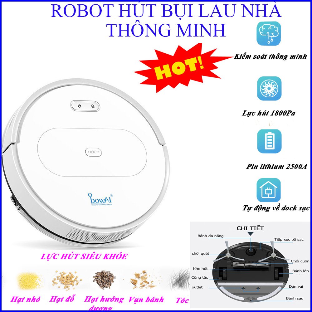 Robot Lau Nhà Hút Bụi OB11, Lực Hút Cực Mạnh, Cảm Biến Thông Minh, Chống Rơi, Chạy Sơ Đồ, Lau Khô Lau Uớt. Robot OB11