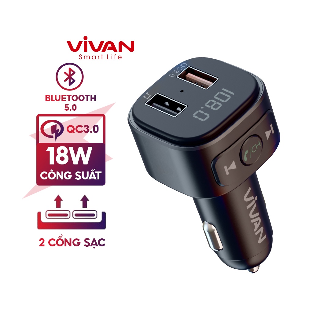 Tẩu sạc nhanh oto VIVAN VBT01 18W hỗ trợ kêt nối bluetooth - hàng chính hãng bảo hàng 12 tháng