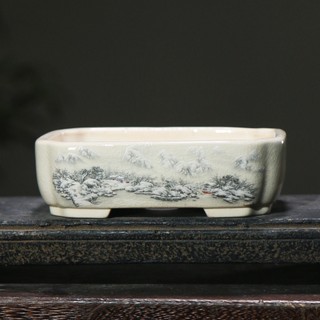 Jingdezhen Chậu hoa Glaze đầy màu sắc [Huayun] Chậu cây cảnh gốm vẽ tay hình chữ nhật bằng Decal Sơn tay Bùn trắng Chậu hoa cát tím Phong cách Trung Quốc Phong cảnh tuyết để bàn Cây trồng trong chậu [A403