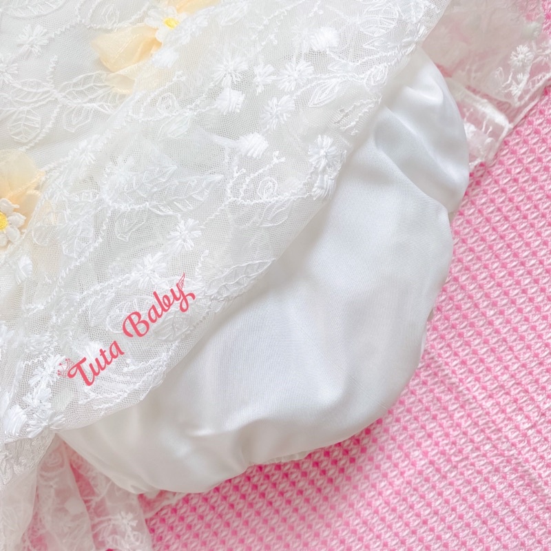 Bodysuit Cho Bé Gái Chất Ren Sam Trắng Mềm, Body Thiết Kế Nơ Eo Siêu Xinh