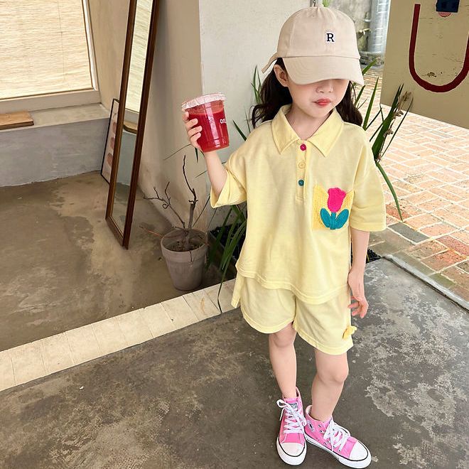 Set Áo Thun Tay Ngắn + Quần Short Họa Tiết Hoa Tulip Phong Cách Hàn Quốc Thời Trang Mùa Hè Mới 2023 Cho Bé Gái