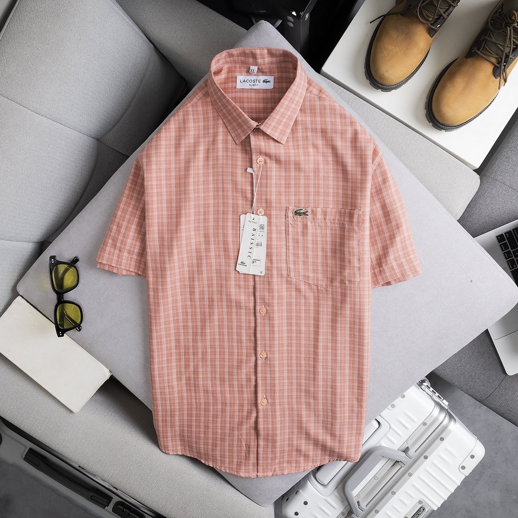 Sơ mi nam ngắn tay LC cam kẻ caro đẹp dễ mix đồ, vải oxford cao cấp, ít nhăn, giá rẻ - Đẳng cấp phái mạnh