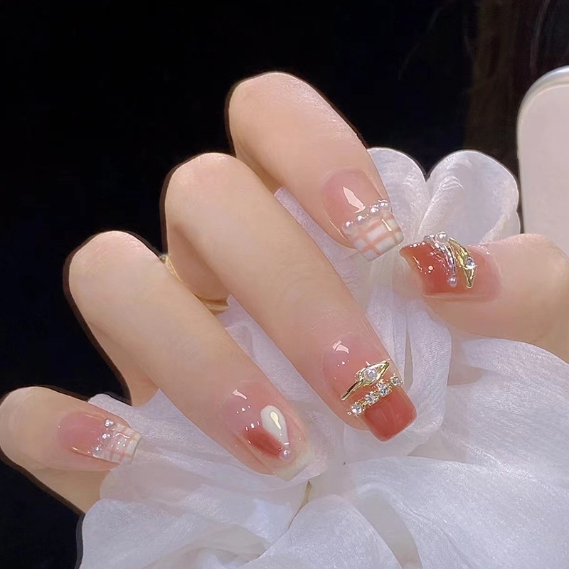 Móng tay giả cam kẻ đính đá (bộ 24 móng) 💖 SẴN KEO DÁN 💖