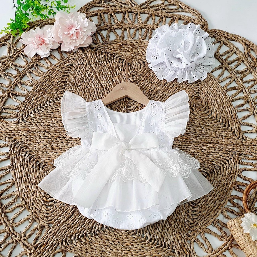 Body váy ren trắng nơ trước cánh tiên MC 3-12 kg,Đầm Thôi Nôi, Bodychip Đầy Tháng, Bodysuit Sơ Sinh