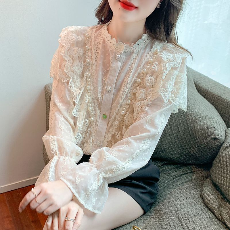 Áo Ren Cổ Tròn Tay Loe Đính Hạt Phong Cách Công Nghiệp Thời Trang Xuân Thu Kiểu Mới Cho Nữ