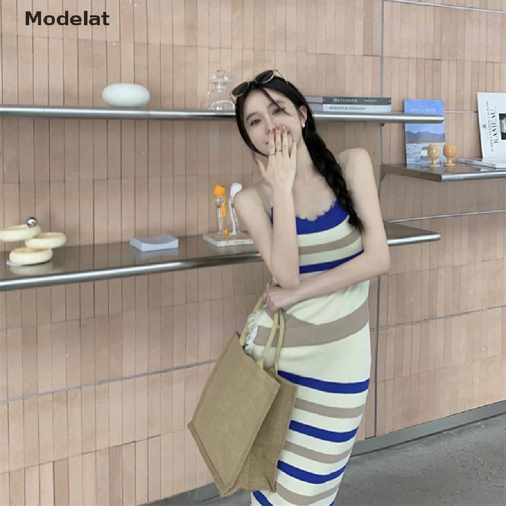 Mfc Đầm Dài Dệt Kim Không Tay Dáng Ôm Họa Tiết Kẻ Sọc Phong Cách Hàn Quốc Dành Cho Nữ