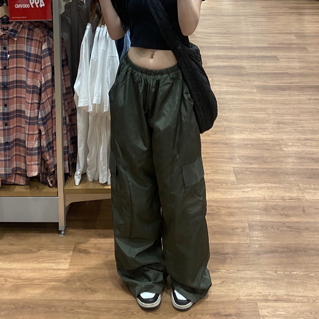 (Sẵn)Quần dài ống rộng nam nữ,quần thể thao ống suông xanh rêu unisex chất dù đẹp cá tính Egirl