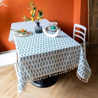Khăn bàn vải canvas/bố hoạ tiết lá xanh phối ren