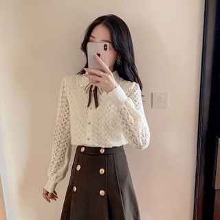 Áo sơ mi công sở nữ chất ren cổ phối nơ