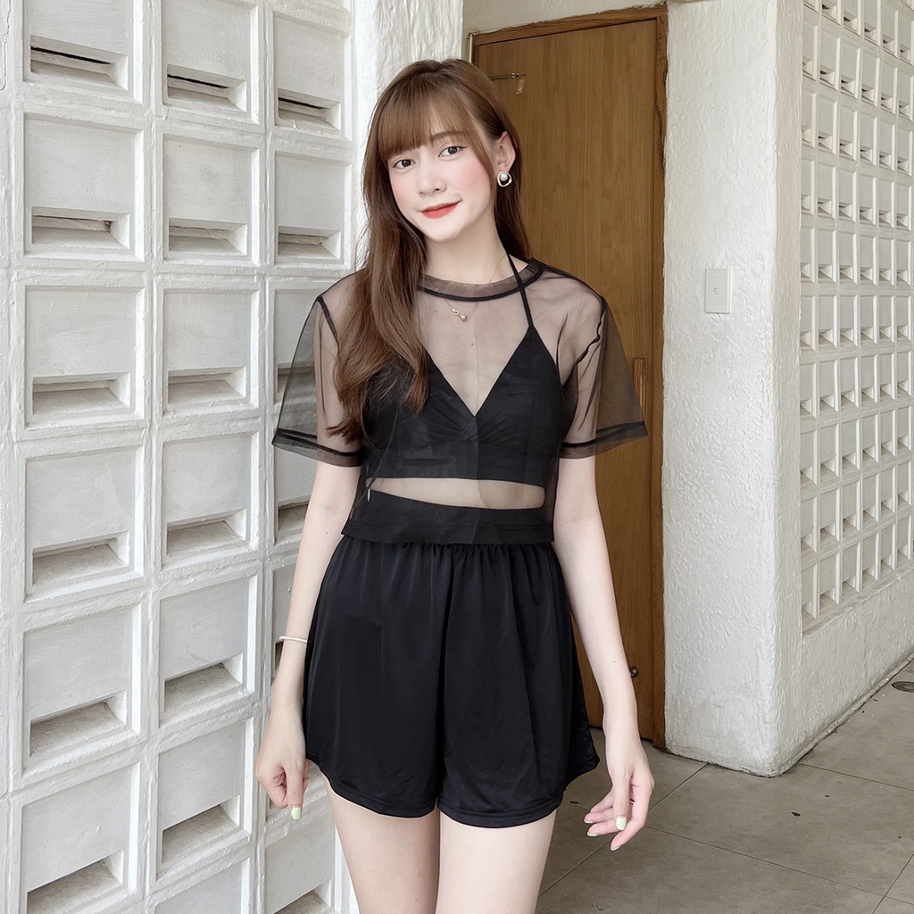 Set Bikini 3 Mảnh Kèm Áo Lưới Kín Đáo Đồ Bơi 3 Món Đi Biển Đen có Bigsize