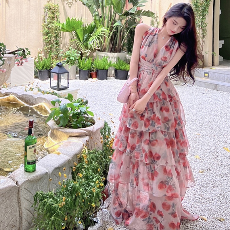IELGY Đầm Hai Dây Hở Lưng In Họa Tiết Thời Trang Pháp Cho Nữ