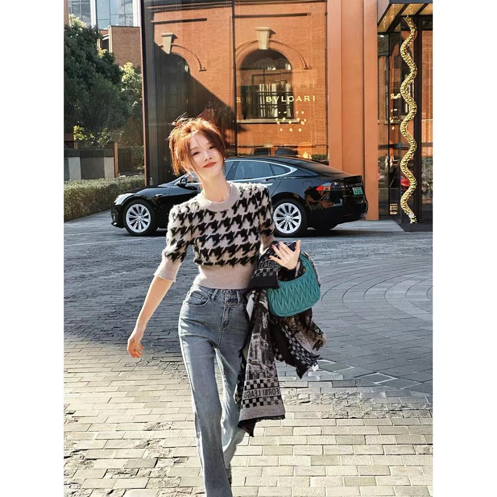 HUANG YOYO Áo Dệt Kim Dáng Ngắn Phong Cách Thời Trang Hàn Quốc Dành Cho Nữ