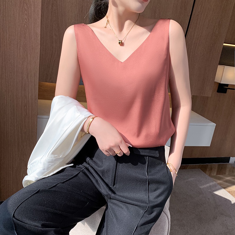 Áo Sát Nách Cổ Chữ V Dáng Rộng Vải Lụa Satin Thời Trang Mùa Hè Cho Nữ