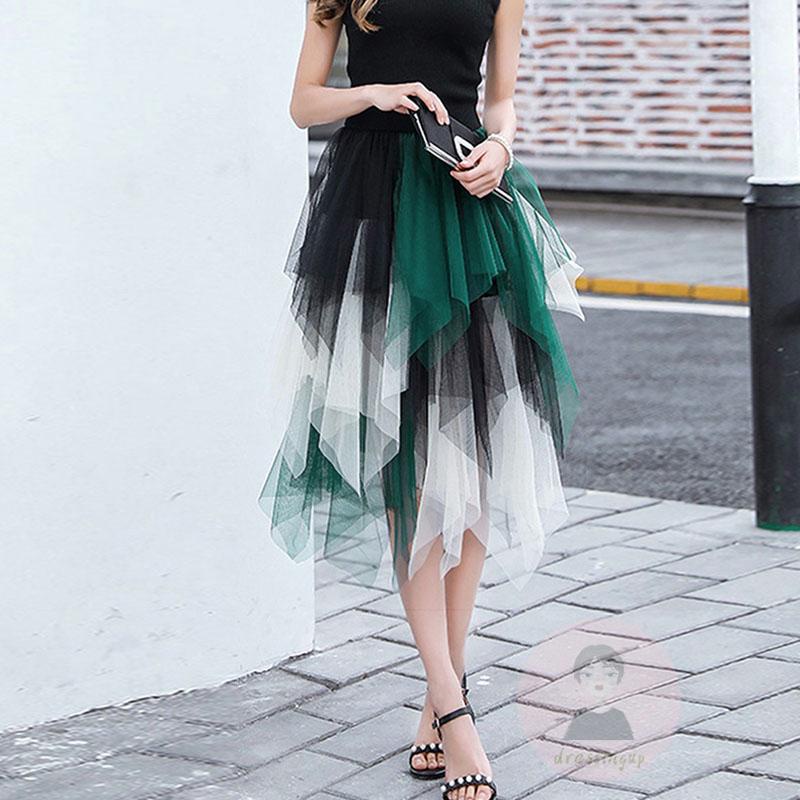 Chân Váy Vải Tuyn Lưng Thun Màu Sắc Tương Phản Thời Trang Mùa Thu Cho Nữ