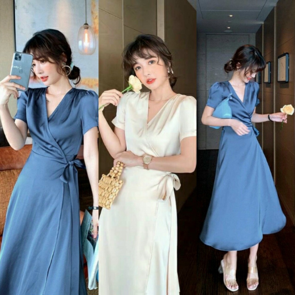 Đầm Nữ Kiểu Pháp Cổ V,Váy Dự Tiệc Maxi lụa Satin Cao Cấp Mềm Mịn Full 2 Lớp Quý Phái Sành Điệu Thời Trang Thiết Kế [MJP]