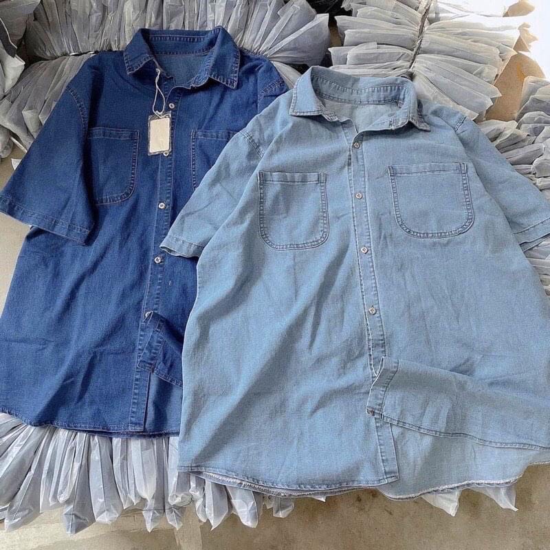 Áo Sơ Mi Bò Denim 2 Túi Vạt Rộng Size S M-Halinh Shop-Áo Sơ Mi Bò Ngắn tay Hàn Quốc