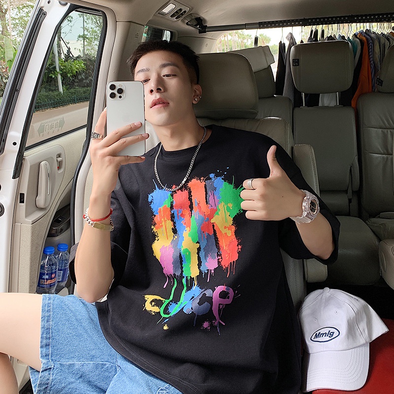 Áo Thun Tay Ngắn Cổ Tròn Dáng Rộng In Họa Tiết graffiti Phong Cách Hong Kong Thời Trang Mùa Hè Cho Nam