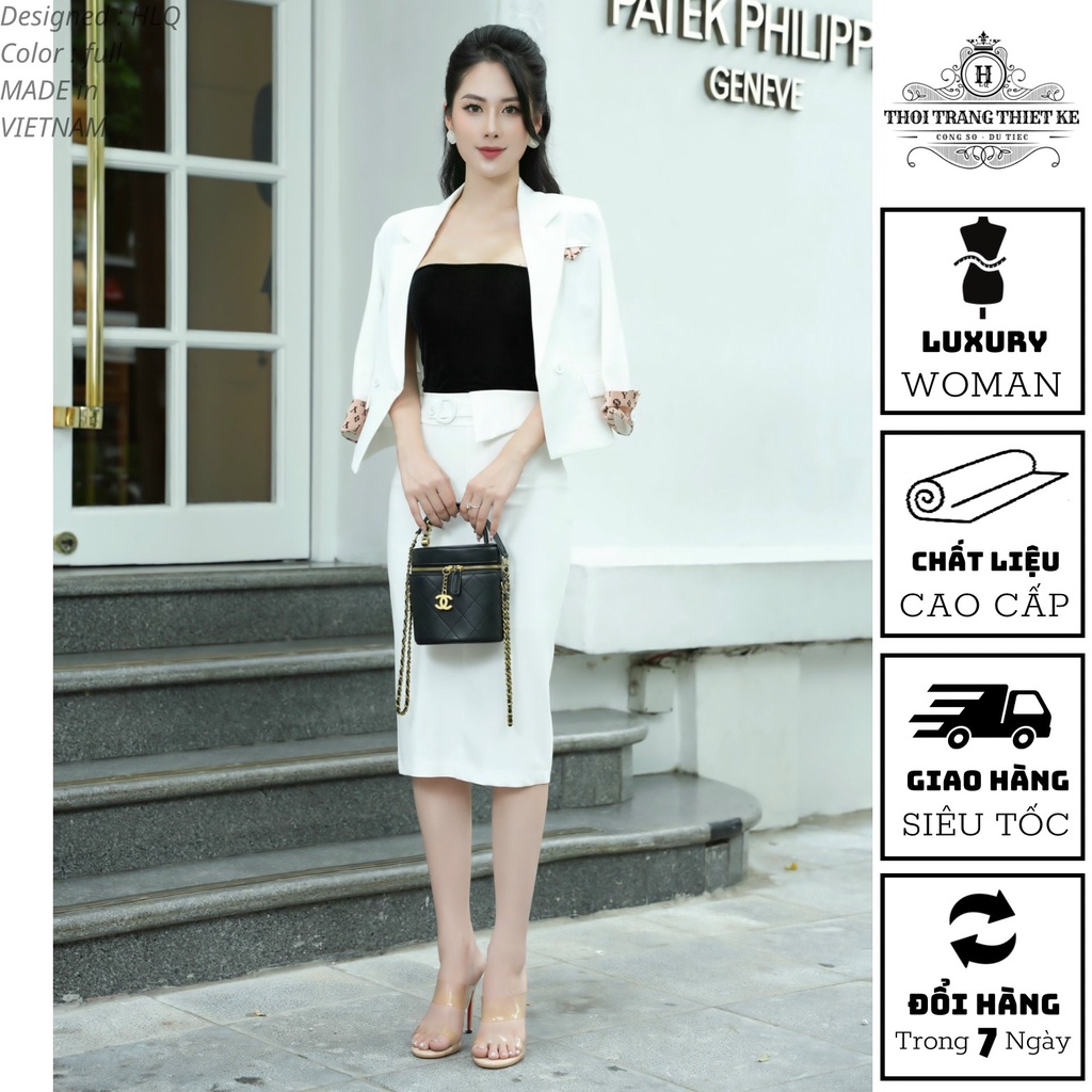 Set bộ vest nữ công sở áo vest tay lỡ phối họa tiết LV chân váy bút chì tôn dáng thời trang thiết kế cao cấp S007