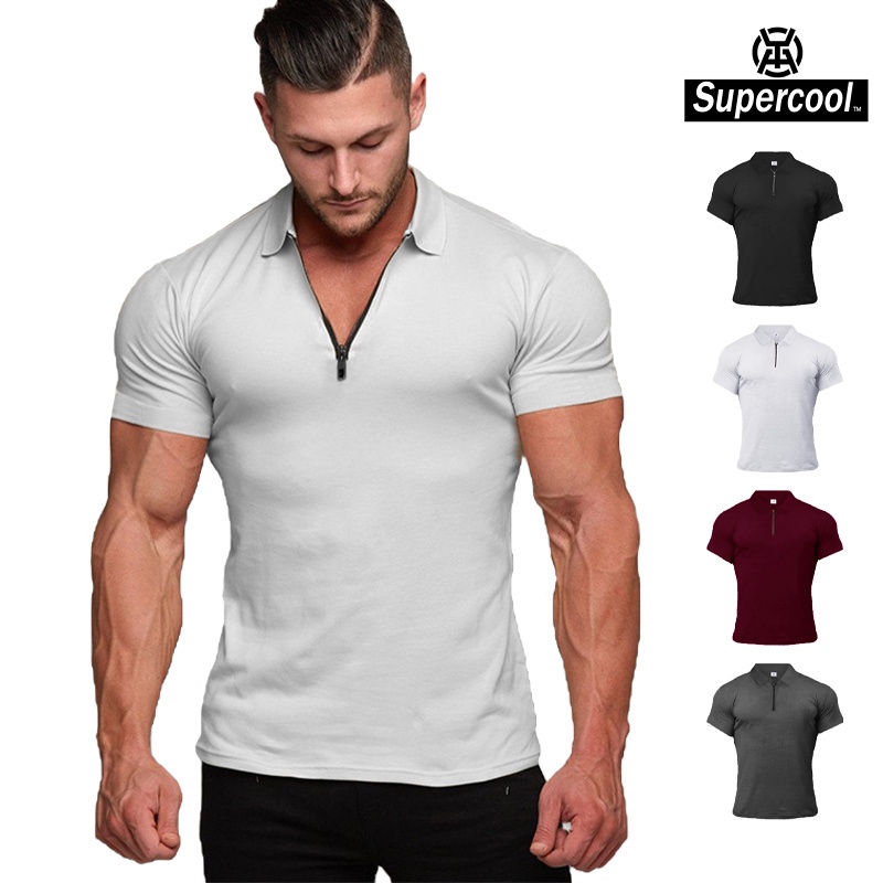 #SupercooL# Áo Thun Thể Thao Nam Có Cổ Khoá Kéo Zipper Áo Tay Lỡ Tập Gym Big Size Phong Cách âu Mỹ Form Slimfit Côtton Cao Cấp Vải Thoáng Nhanh Khô Thấm Hút Mồ Hôi Tốt Co Giãn Trơn Mỏng Nhẹ Chạy Bộ Chuyên Thể Dục Bóng Rổ Thời Trang