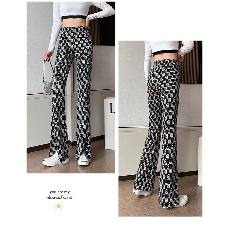 Quần Dài Lưng Cao Ống Rộng Xẻ Tà Vải Lụa Lạnh In Chữ Thời Trang Xuân Hè Cho Nữ