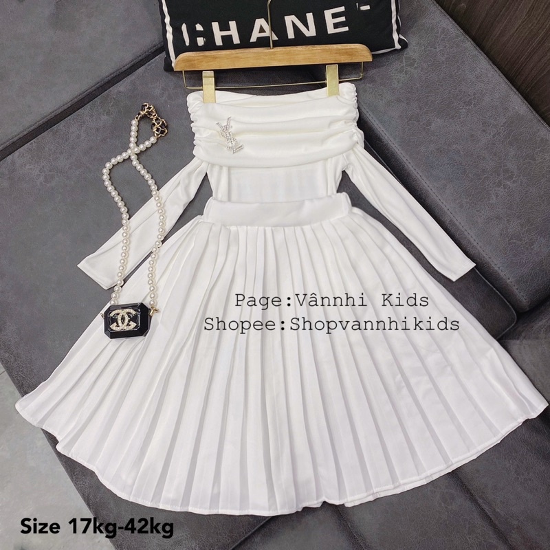 Set áo trễ vai YSN + chân váy xếp ly xoè cho bé size đại 17kg-42kg
