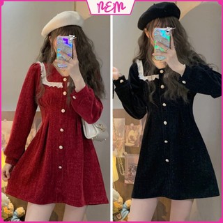 Váy nhung nữ - Đầm nhung cổ ren cúc ngọc phối tay dài cực kì điệu NEM Store102
