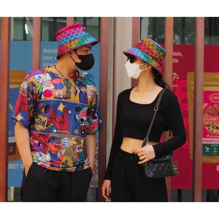 Nón vành tròn, mũ bucket GUCCI ngũ sắc thời trang vải Kaki mịn siêu đẹp