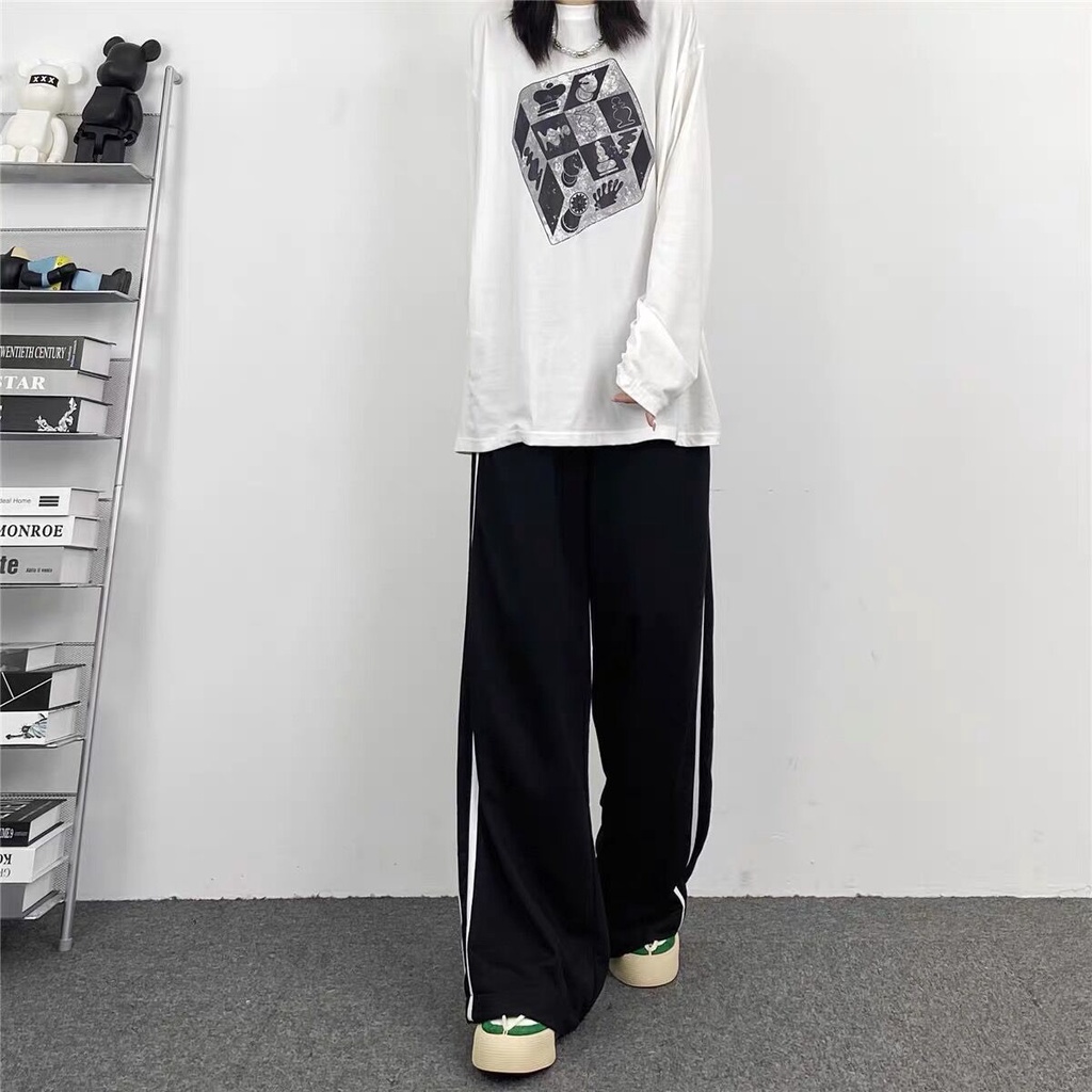 Quần Thể Thao Ống Rộng Họa Tiết Kẻ Sọc Thời Trang Hàn Quốc Mới Cho Nữ