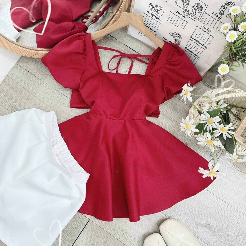 Set áo peplum nơ lưng + short trắng