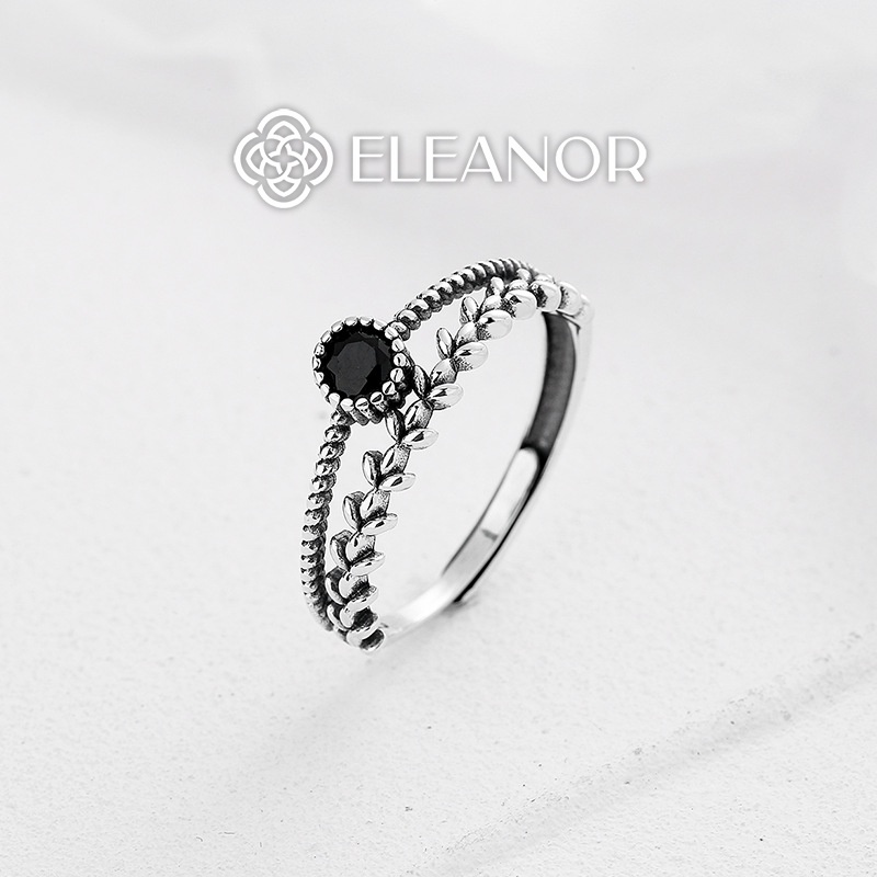 Nhẫn nữ hở bạc 925 Eleanor Accessories hình chiếc lá mặt tròn đính đá đen phụ kiện trang sức dễ thương 5232